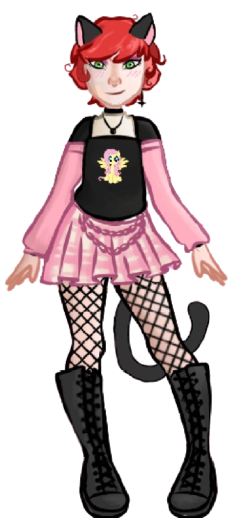 Picrew made with https://picrew.me/en/image_maker/963768 and edited by me (cat ears+tail, fluffy hair, Fluttershy shirt, and also deboobed lol)