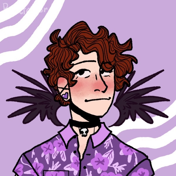 Picrew of a guy with red hair, skull earrings, and bat wings